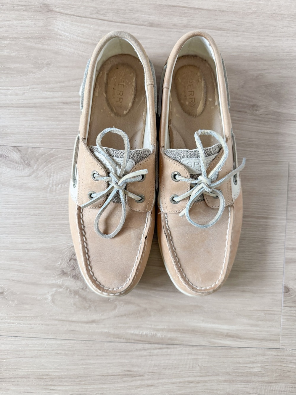 Sperry Tan and White Leather Boat Shoes